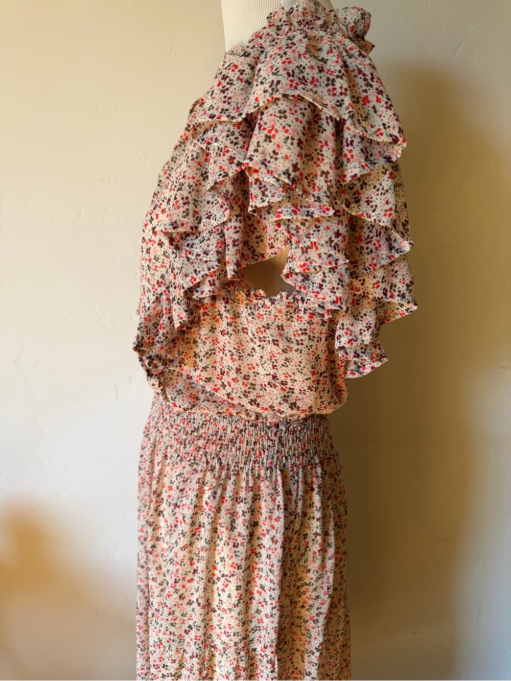 entro Cream Midi Dress with Red and Green Floral Print